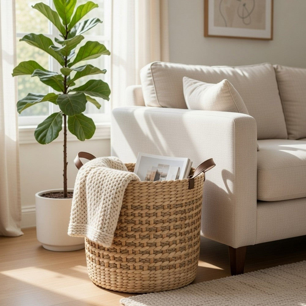 Storage Basket with Faux Leather Handles | 16" Brown Hyacinth Woven