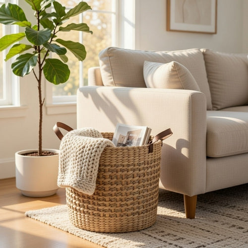 Storage Basket with Faux Leather Handles | 16" Brown Hyacinth Woven