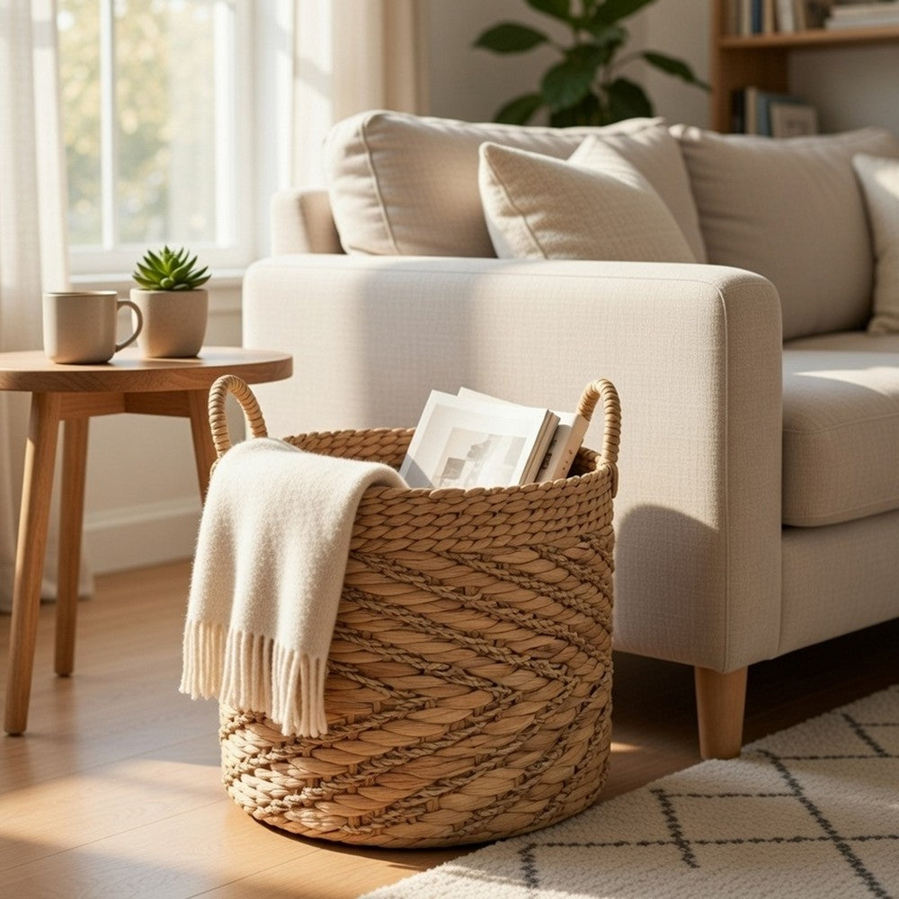 Storage Basket with Handles | Light Brown Hyacinth Woven | 15" Round