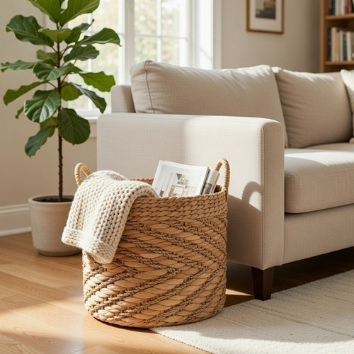 Storage Basket with Handles | Light Brown Hyacinth Woven | 15" Round