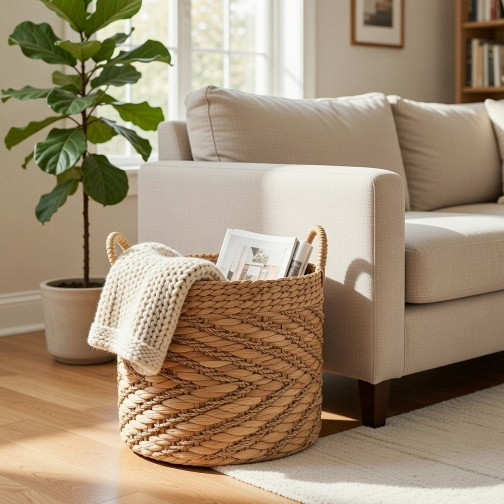 Storage Basket with Handles | Light Brown Hyacinth Woven | 15" Round