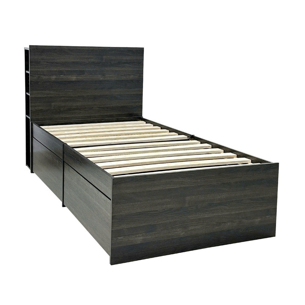 Roby Twin Bed | 4 Storage Drawers Adjustable Headboard Shelves | Dark Gray
