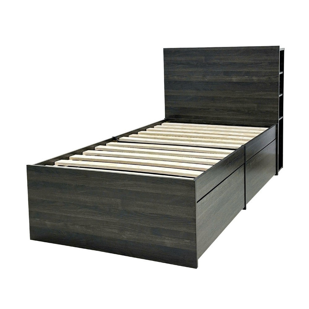 Roby Twin Bed | 4 Storage Drawers Adjustable Headboard Shelves | Dark Gray