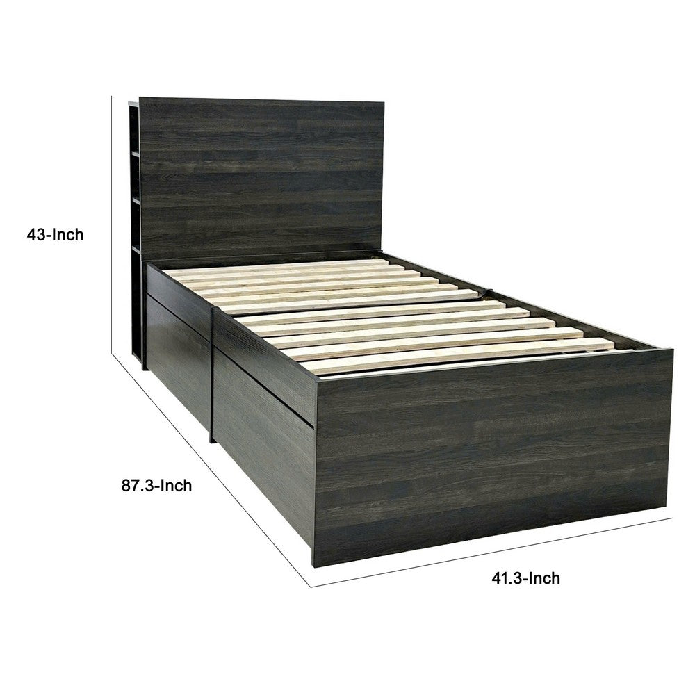 Roby Twin Bed | 4 Storage Drawers Adjustable Headboard Shelves | Dark Gray