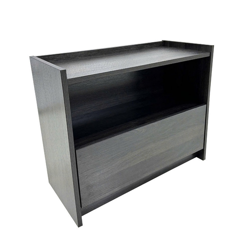Roby Nightstand | Raised Border Top | Storage Shelf & Drawer | Dark Gray