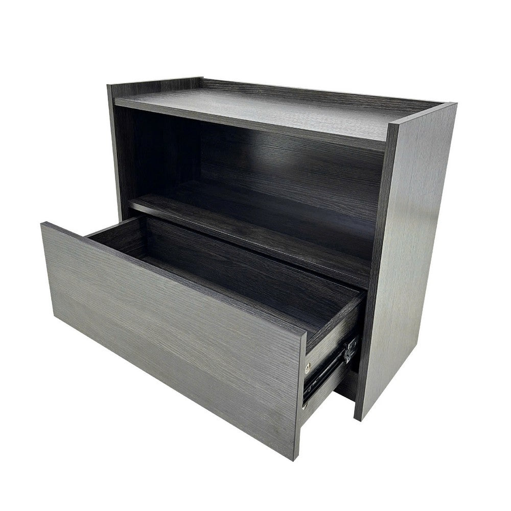 Roby Nightstand | Raised Border Top | Storage Shelf & Drawer | Dark Gray