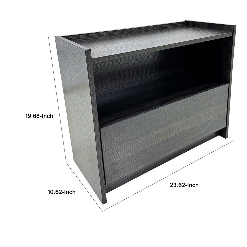 Roby Nightstand | Raised Border Top | Storage Shelf & Drawer | Dark Gray