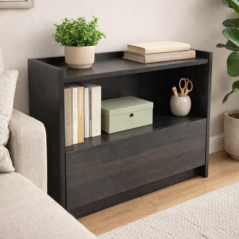 Roby Nightstand | Raised Border Top | Storage Shelf & Drawer | Dark Gray