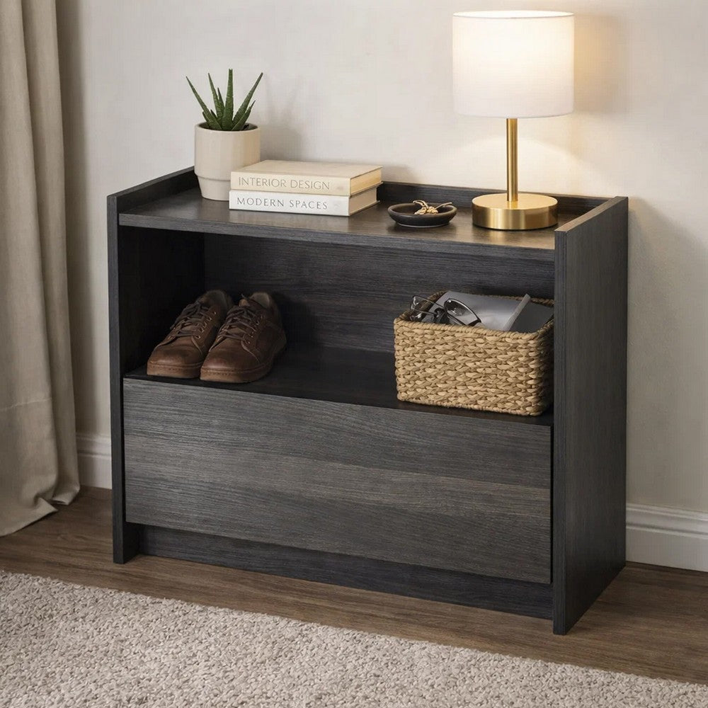 Roby Nightstand | Raised Border Top | Storage Shelf & Drawer | Dark Gray