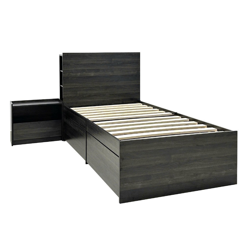 Roby 2pc Twin Bed & Nightstand Set | 5 Drawers | Shelves | Dark Gray