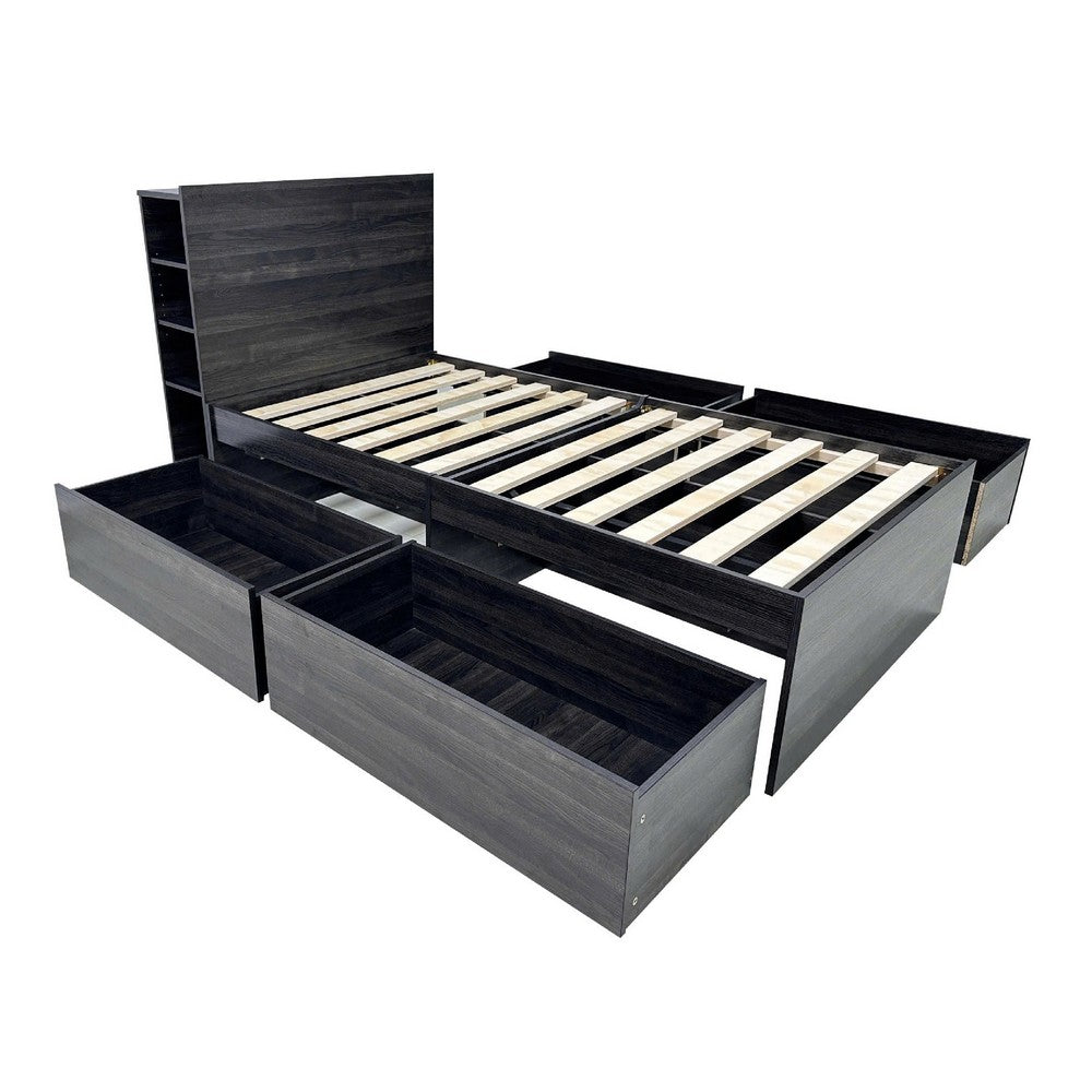 Roby 2pc Twin Bed & Nightstand Set | 5 Drawers | Shelves | Dark Gray