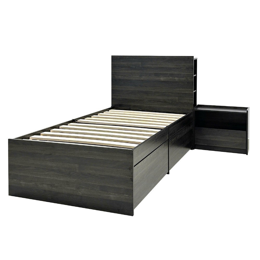 Roby 2pc Twin Bed & Nightstand Set | 5 Drawers | Shelves | Dark Gray