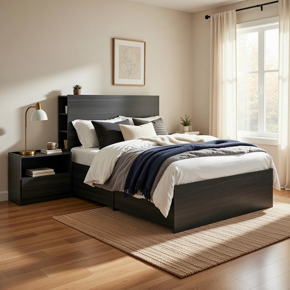 Roby 2pc Twin Bed & Nightstand Set | 5 Drawers | Shelves | Dark Gray