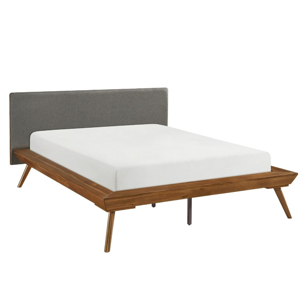 Hena Queen Size Bed | Dark Gray Upholstered Headboard | Chestnut Brown