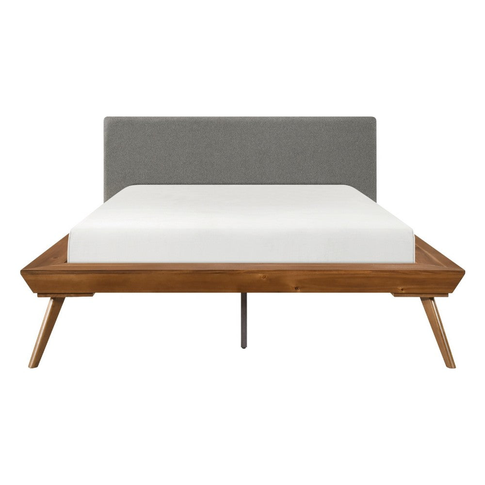 Hena Queen Size Bed | Dark Gray Upholstered Headboard | Chestnut Brown