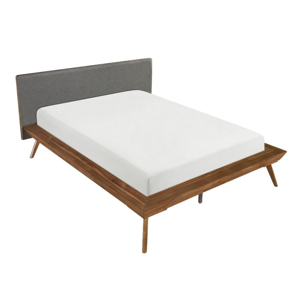 Hena Queen Size Bed | Dark Gray Upholstered Headboard | Chestnut Brown