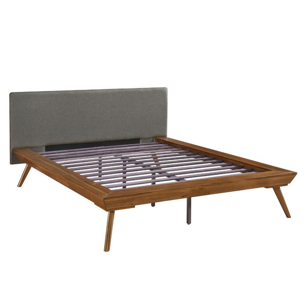 Hena Queen Size Bed | Dark Gray Upholstered Headboard | Chestnut Brown