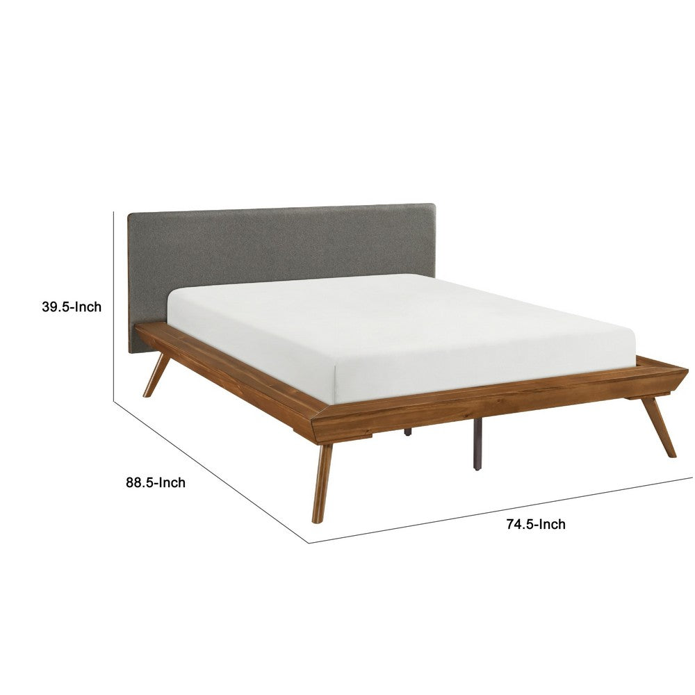 Hena Queen Size Bed | Dark Gray Upholstered Headboard | Chestnut Brown