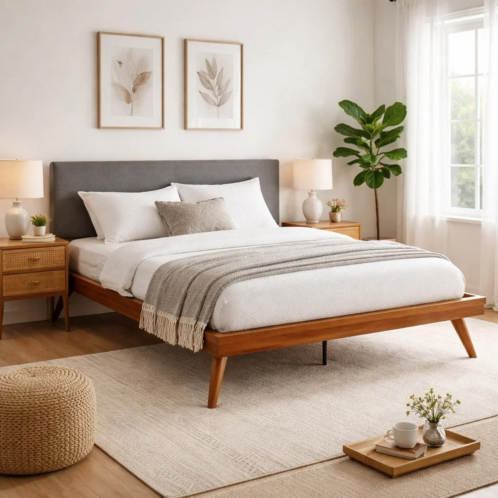 Hena Queen Size Bed | Dark Gray Upholstered Headboard | Chestnut Brown