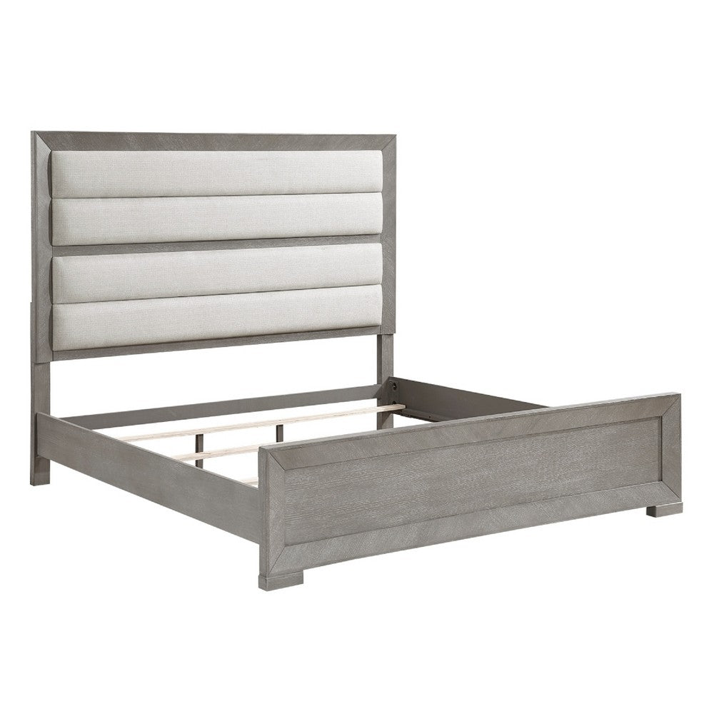 Ova Queen Size Bed | Wide Channel Tufted Upholstery | Gray Oak Veneer