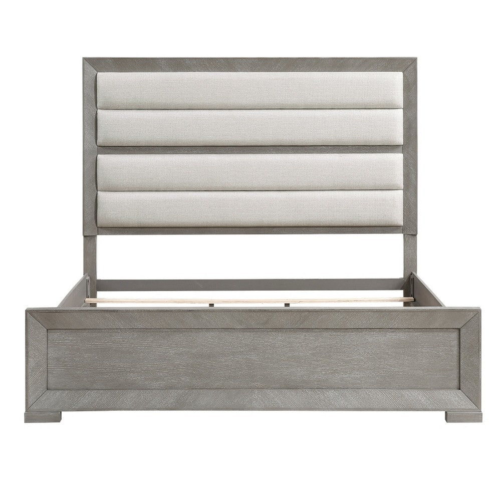 Ova Queen Size Bed | Wide Channel Tufted Upholstery | Gray Oak Veneer