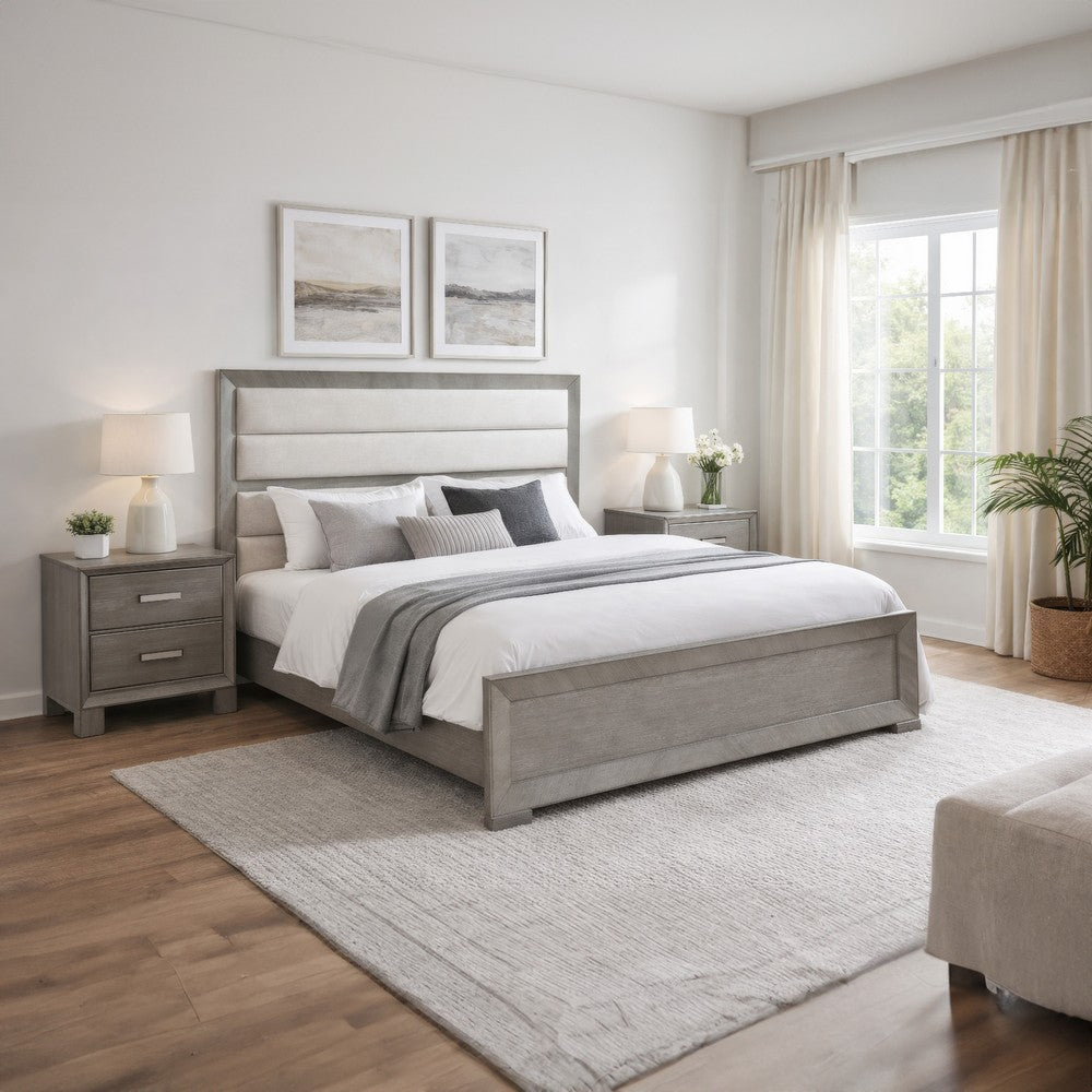 Ova Queen Size Bed | Wide Channel Tufted Upholstery | Gray Oak Veneer