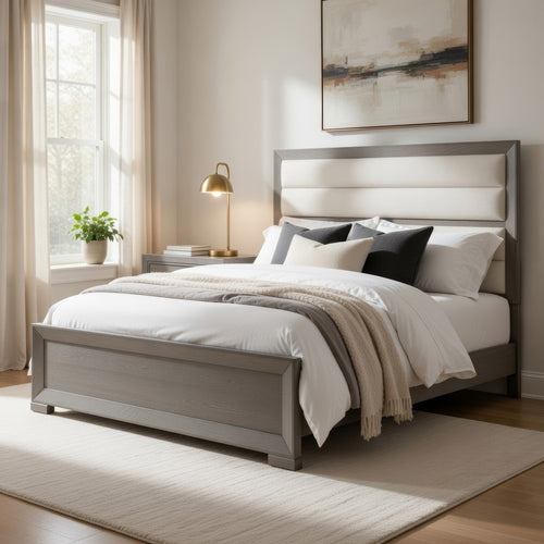 Ova Queen Size Bed | Wide Channel Tufted Upholstery | Gray Oak Veneer