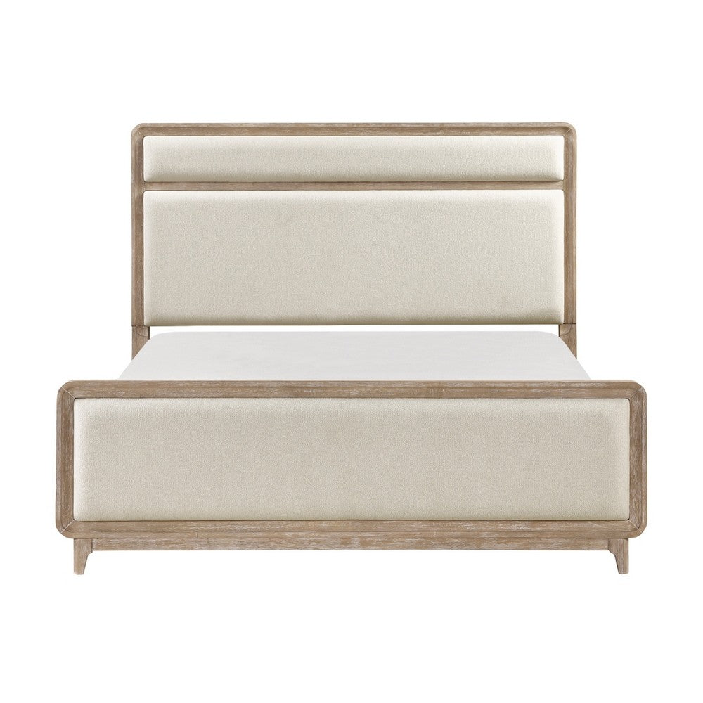 Wily Queen Size Bed | Cream Beige Chenille Upholstery | Natural Brown