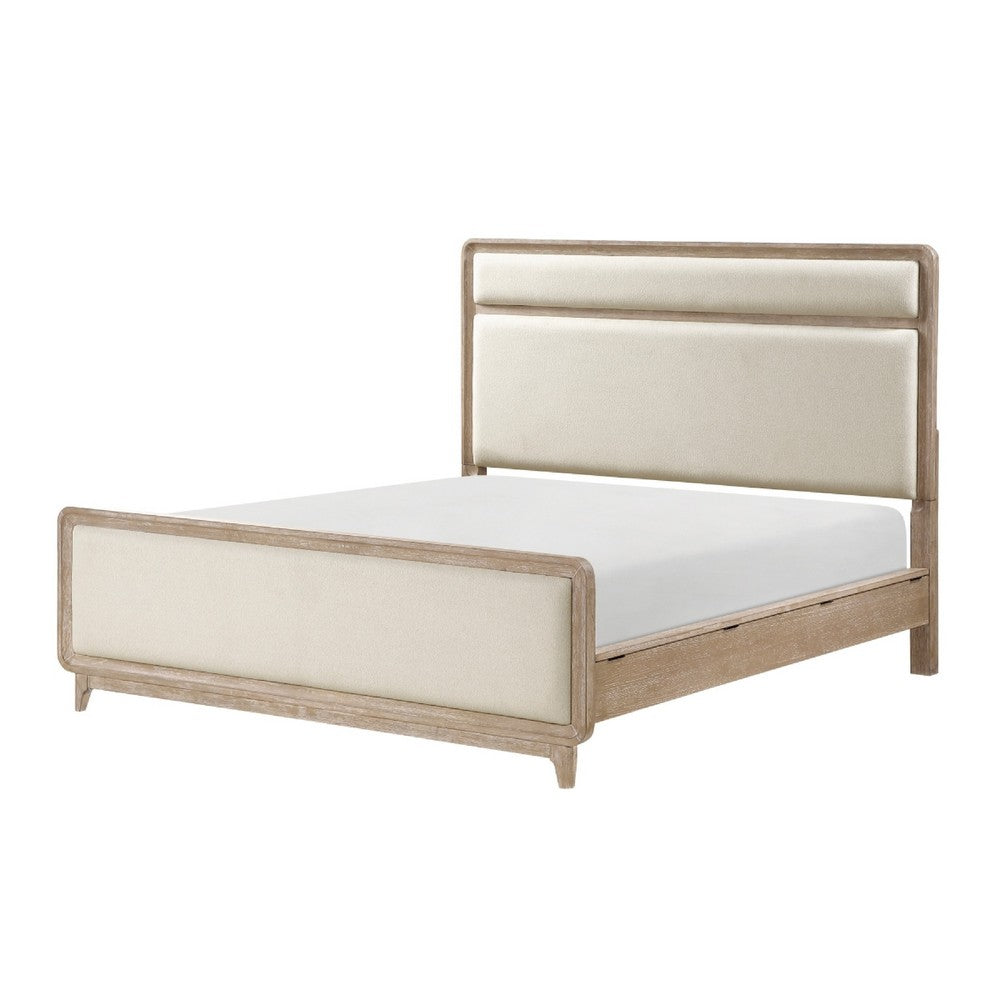 Wily Queen Size Bed | Cream Beige Chenille Upholstery | Natural Brown