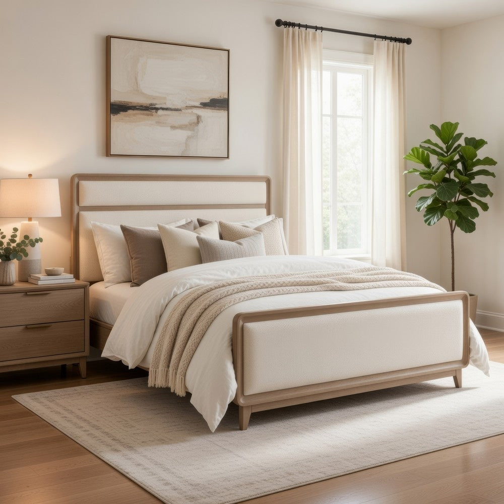 Wily Queen Size Bed | Cream Beige Chenille Upholstery | Natural Brown