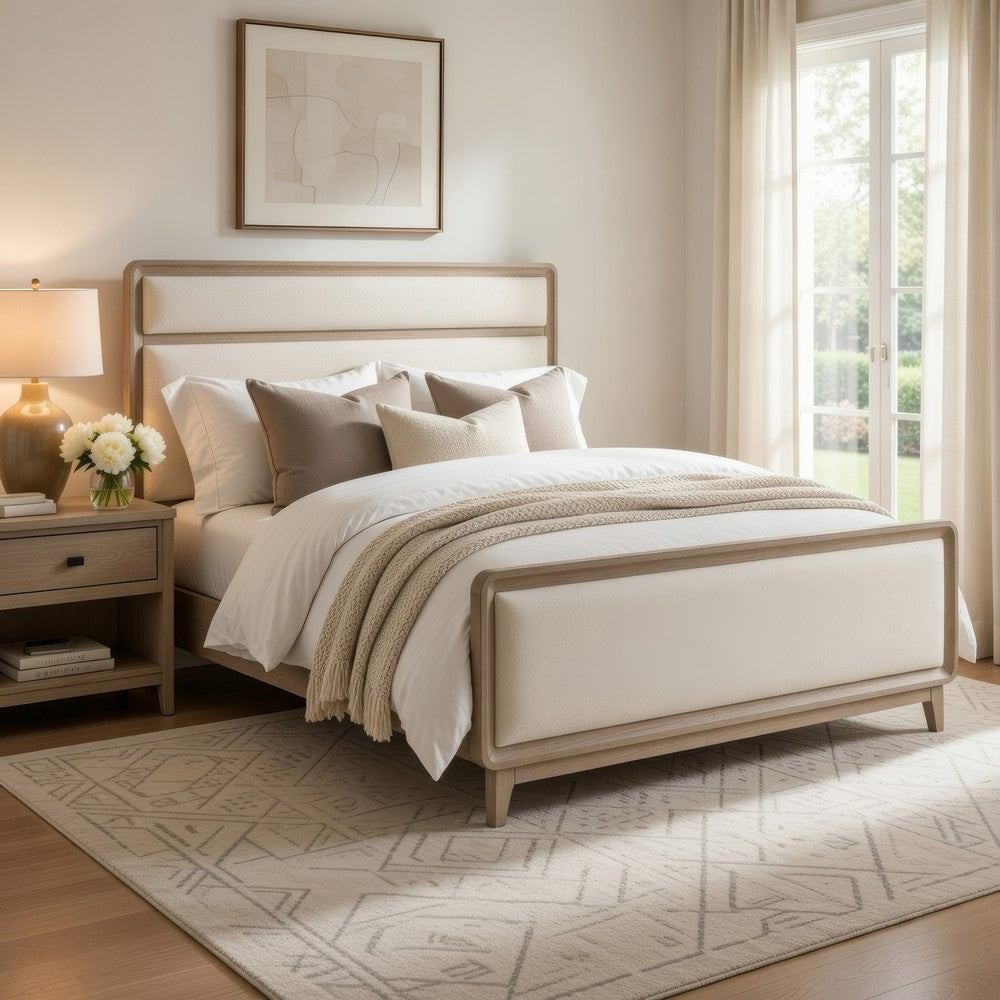 Wily Queen Size Bed | Cream Beige Chenille Upholstery | Natural Brown