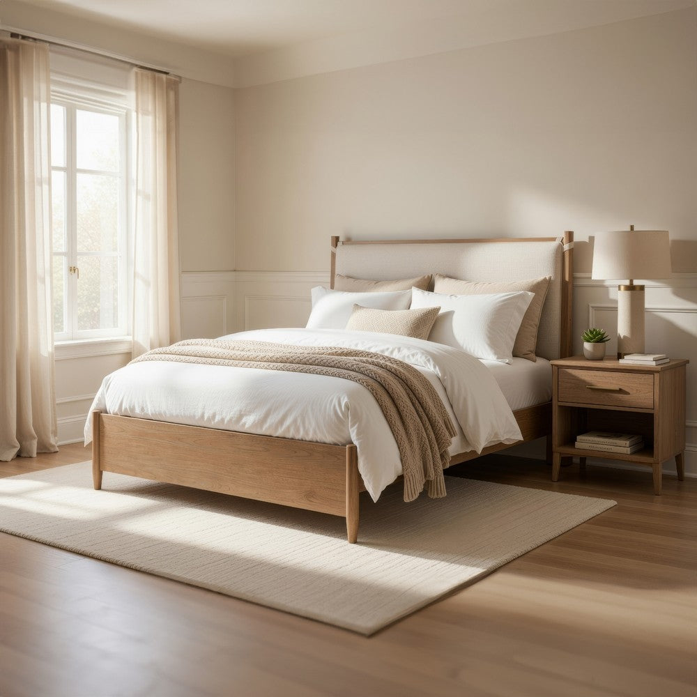 Seny Queen Size Bed | Removable Light Gray Cushion Headboard | Brown