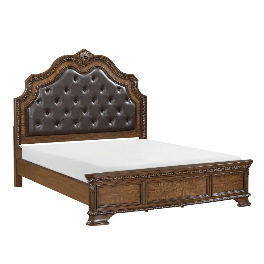 Brix Queen Size Sleigh Bed | Classic Faux Leather Tufted | Dark Brown