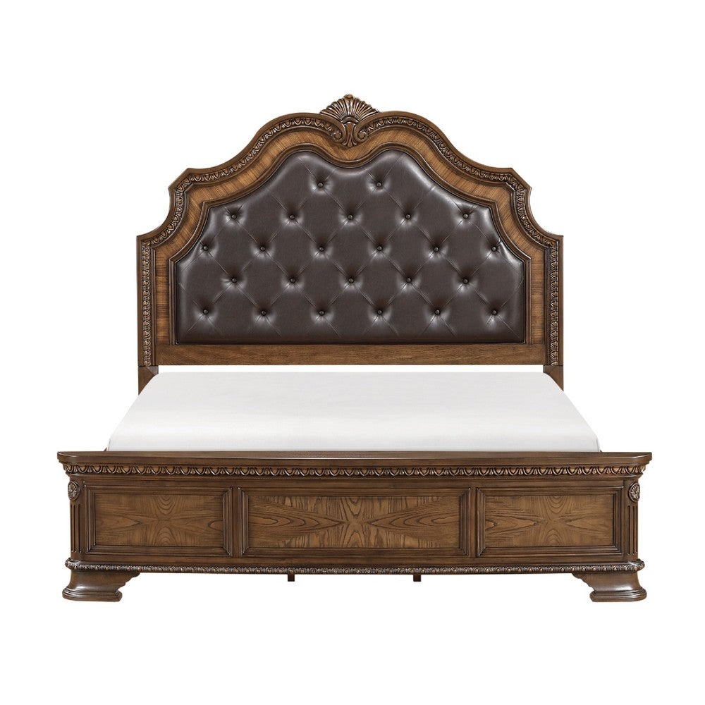 Brix Queen Size Sleigh Bed | Classic Faux Leather Tufted | Dark Brown
