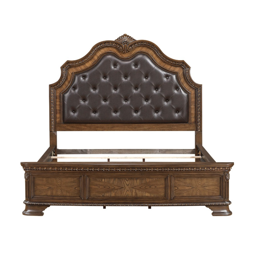 Brix Queen Size Sleigh Bed | Classic Faux Leather Tufted | Dark Brown