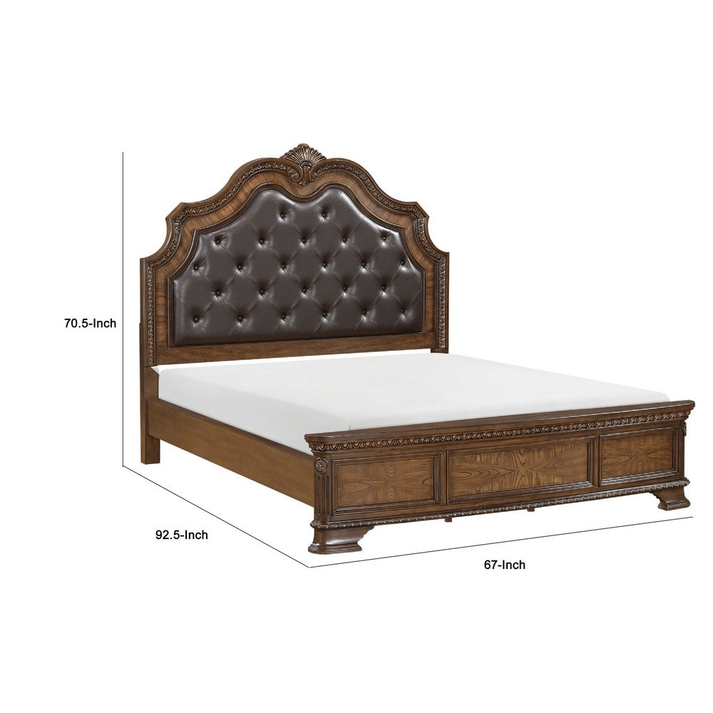 Brix Queen Size Sleigh Bed | Classic Faux Leather Tufted | Dark Brown