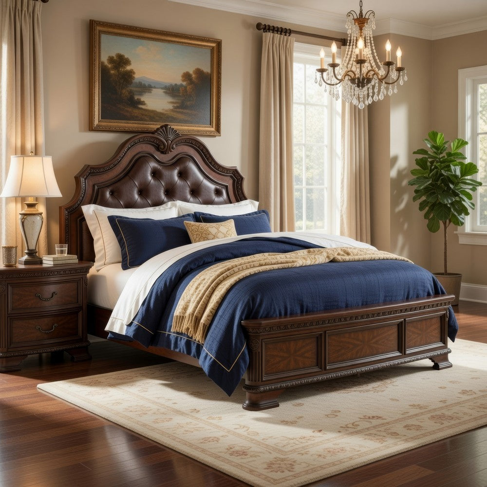 Brix Queen Size Sleigh Bed | Classic Faux Leather Tufted | Dark Brown