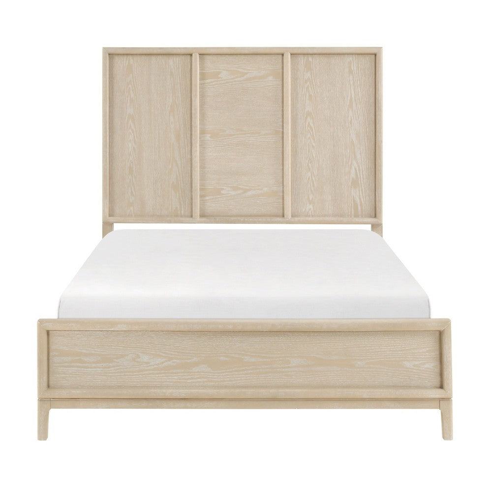 Ary Queen Size Bed | 3 Panel Farmhouse Headboard | Light Oak Brown