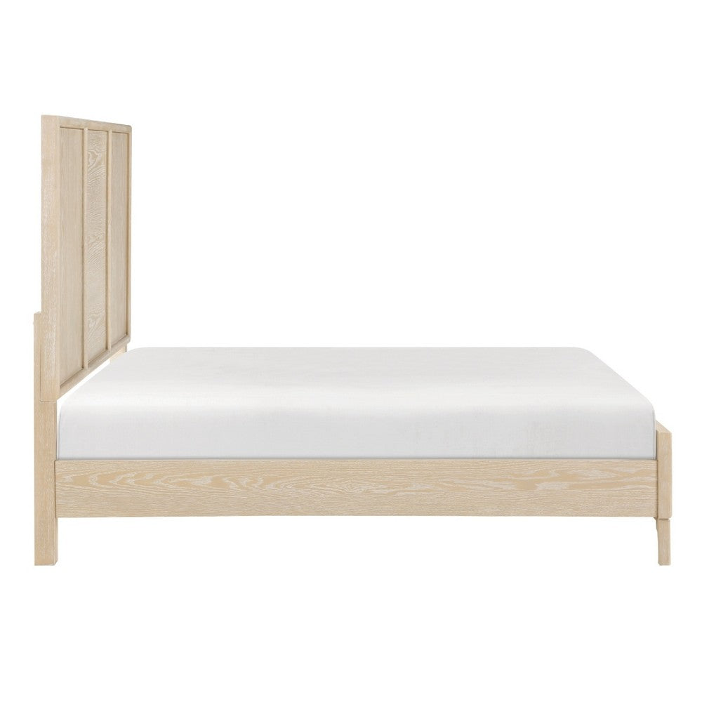 Ary Queen Size Bed | 3 Panel Farmhouse Headboard | Light Oak Brown