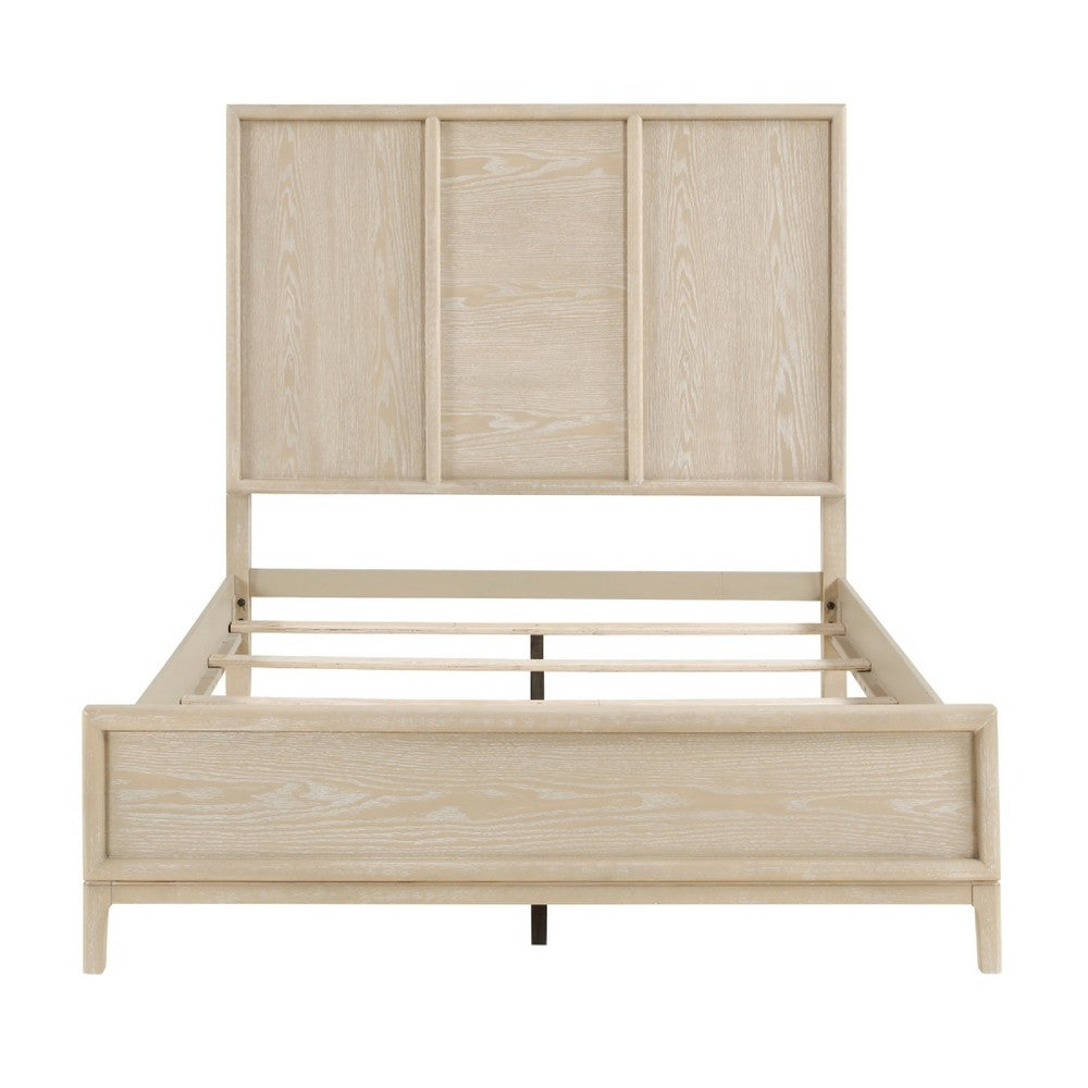 Ary Queen Size Bed | 3 Panel Farmhouse Headboard | Light Oak Brown