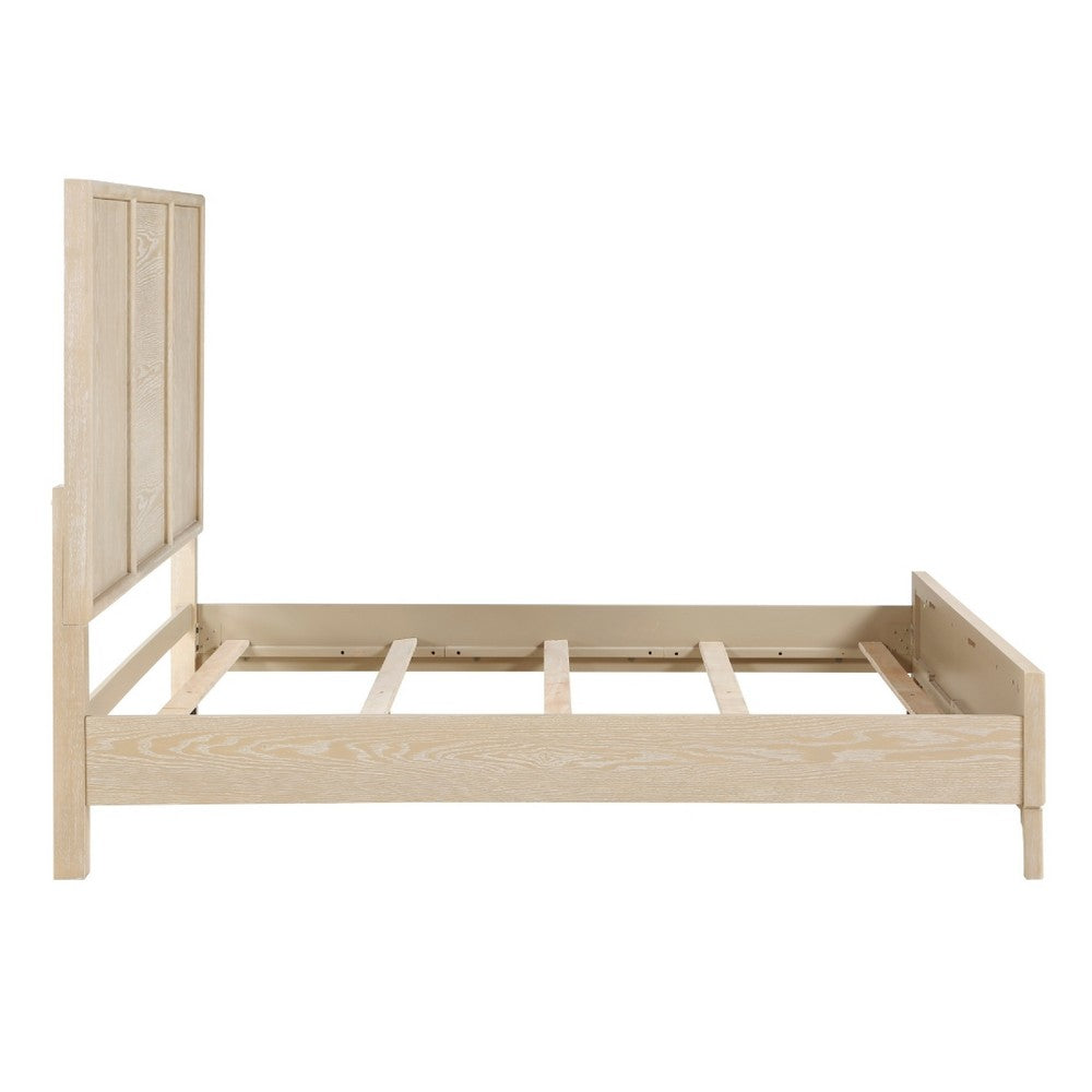 Ary Queen Size Bed | 3 Panel Farmhouse Headboard | Light Oak Brown