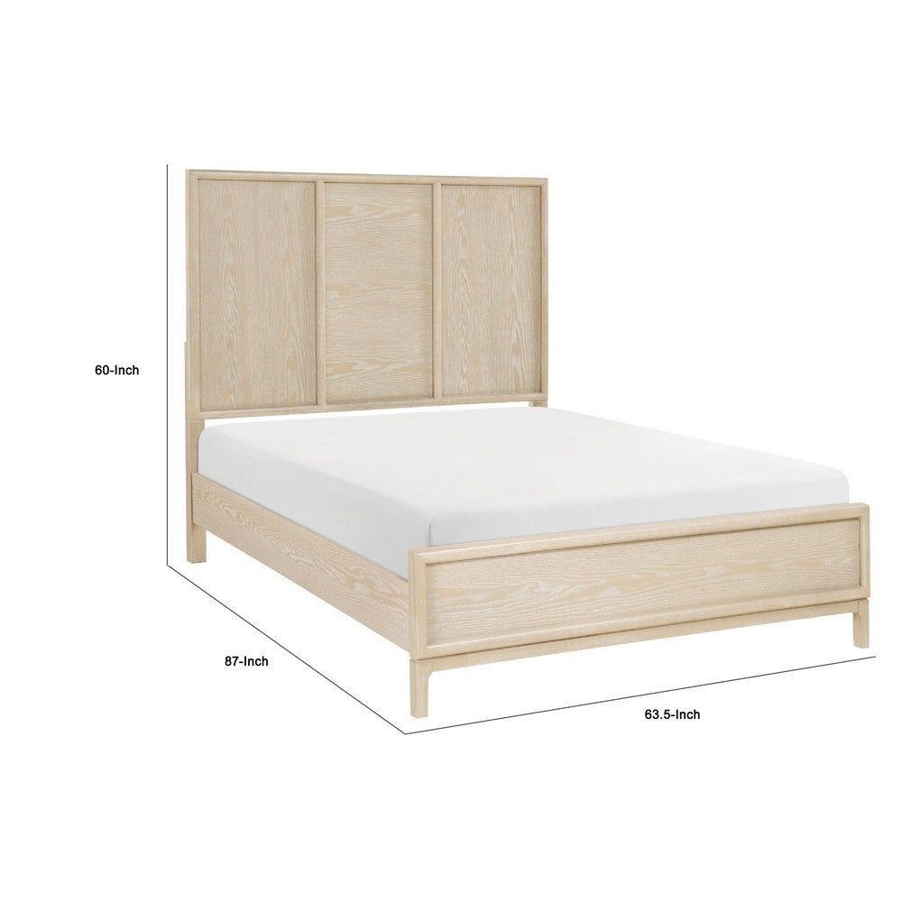 Ary Queen Size Bed | 3 Panel Farmhouse Headboard | Light Oak Brown