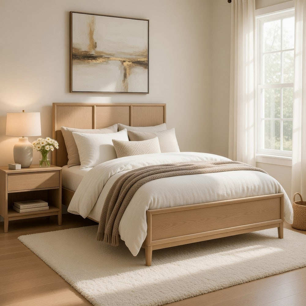 Ary Queen Size Bed | 3 Panel Farmhouse Headboard | Light Oak Brown