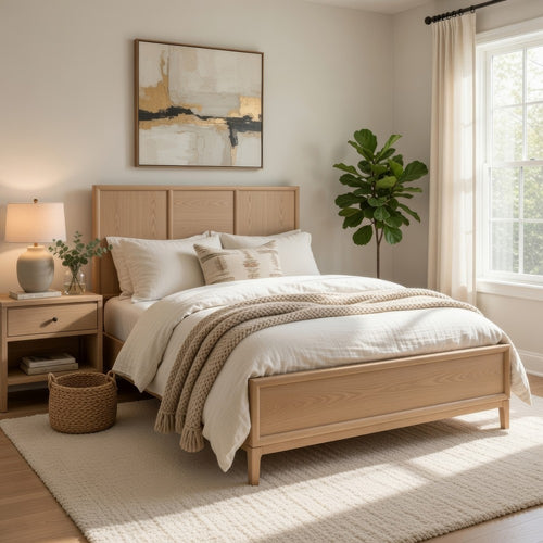 Ary Queen Size Bed | 3 Panel Farmhouse Headboard | Light Oak Brown