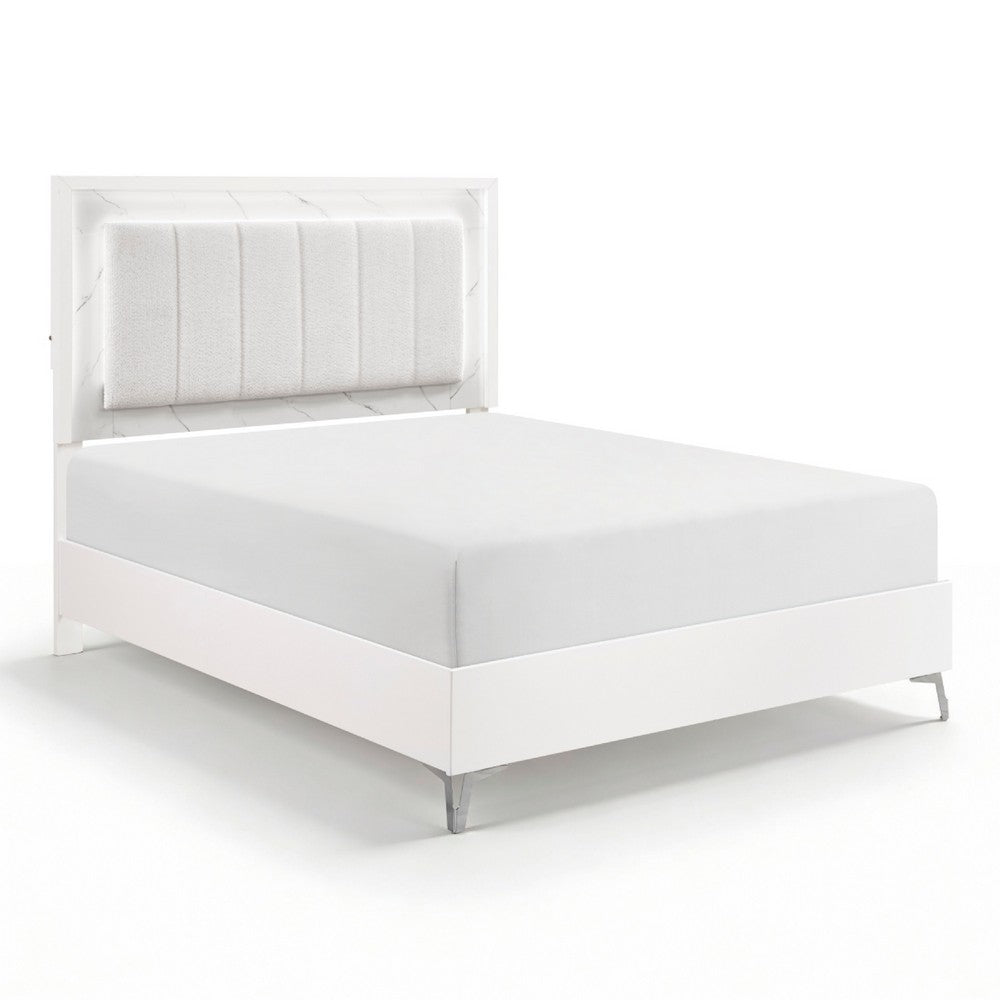 Cyna Queen Size Bed | Chenille Tufted Headboard and LED Lighting | White