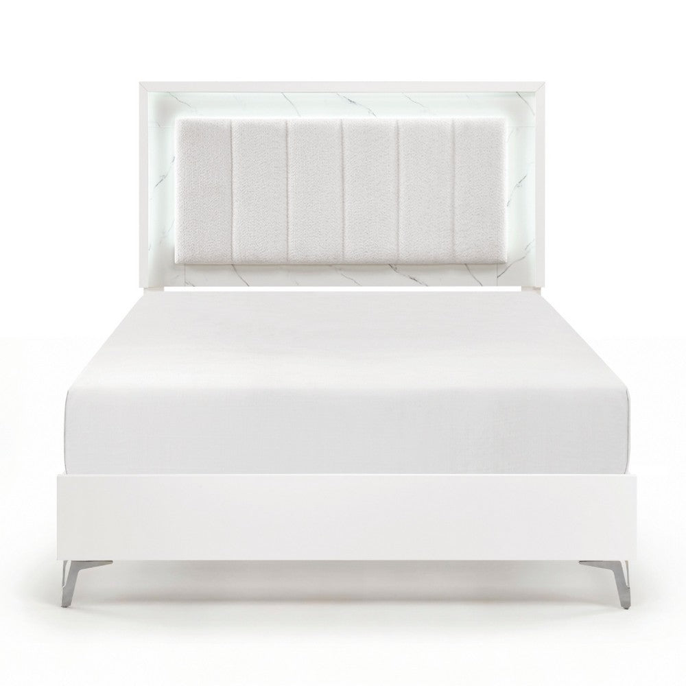Cyna Queen Size Bed | Chenille Tufted Headboard and LED Lighting | White