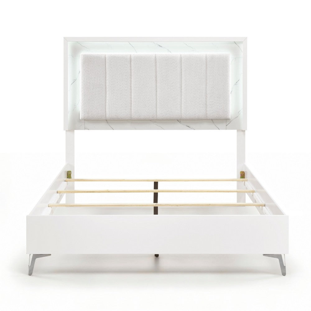 Cyna Queen Size Bed | Chenille Tufted Headboard and LED Lighting | White