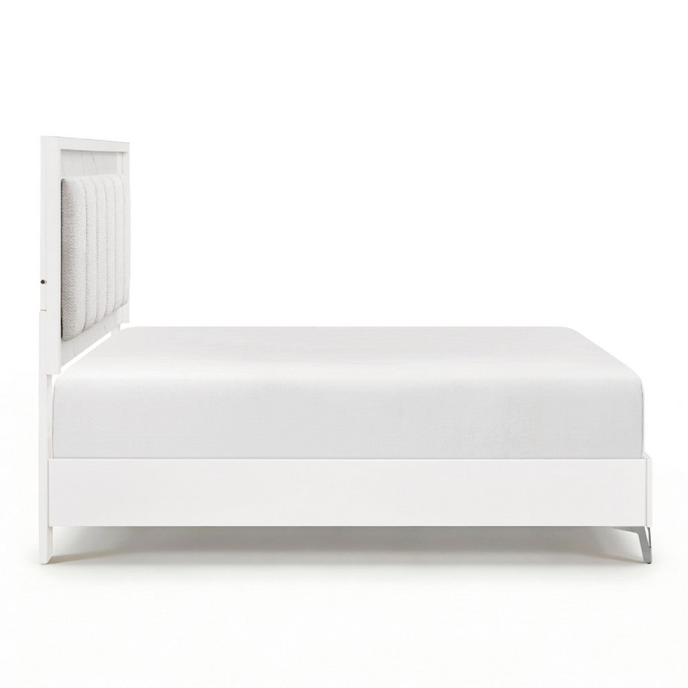 Cyna Queen Size Bed | Chenille Tufted Headboard and LED Lighting | White