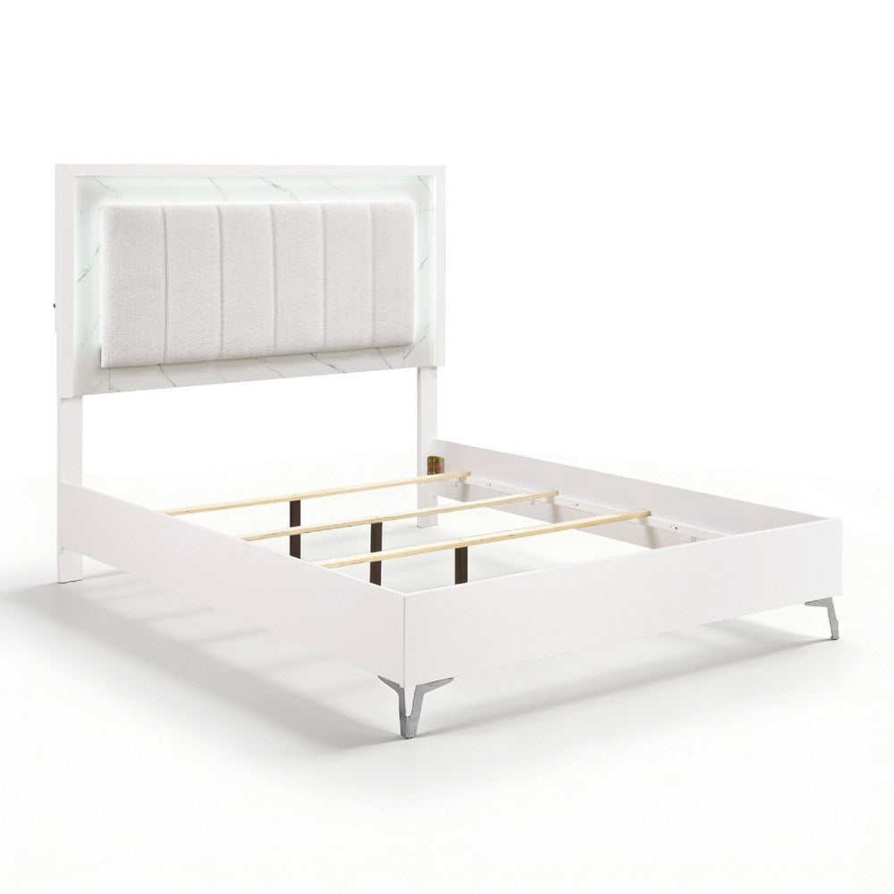 Cyna Queen Size Bed | Chenille Tufted Headboard and LED Lighting | White