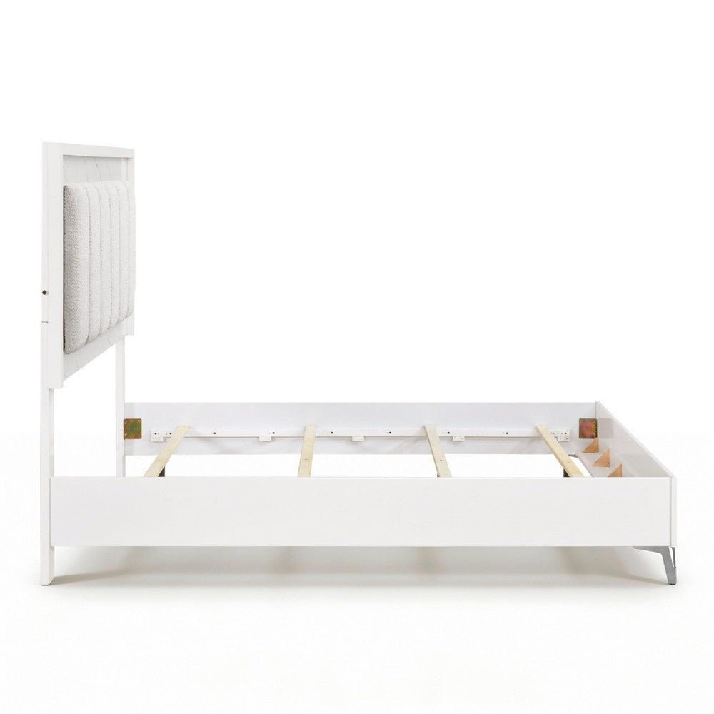 Cyna Queen Size Bed | Chenille Tufted Headboard and LED Lighting | White